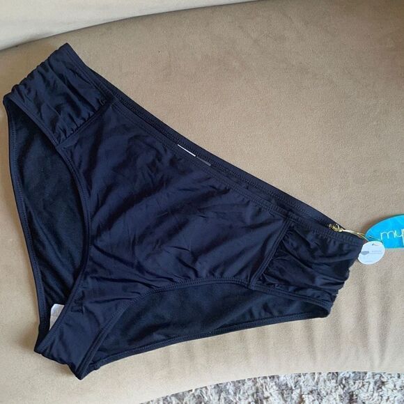 Mynah NEW $34 Mid-Rise Shirred Side Medium Coverage Bikini Bottom XL Black - Picture 4 of 8